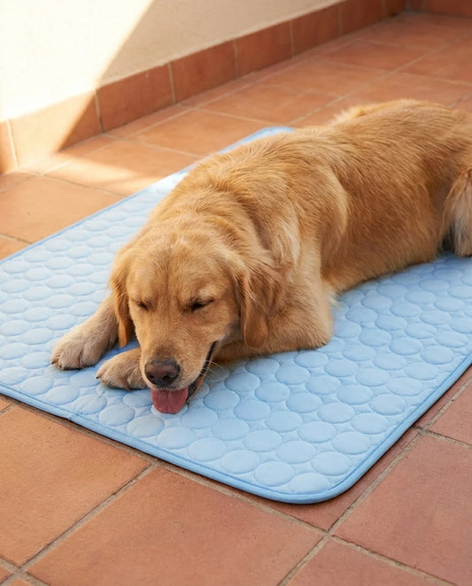 Golden Retriever entspannt auf der blauen Sommerpfote Kuehlmatte