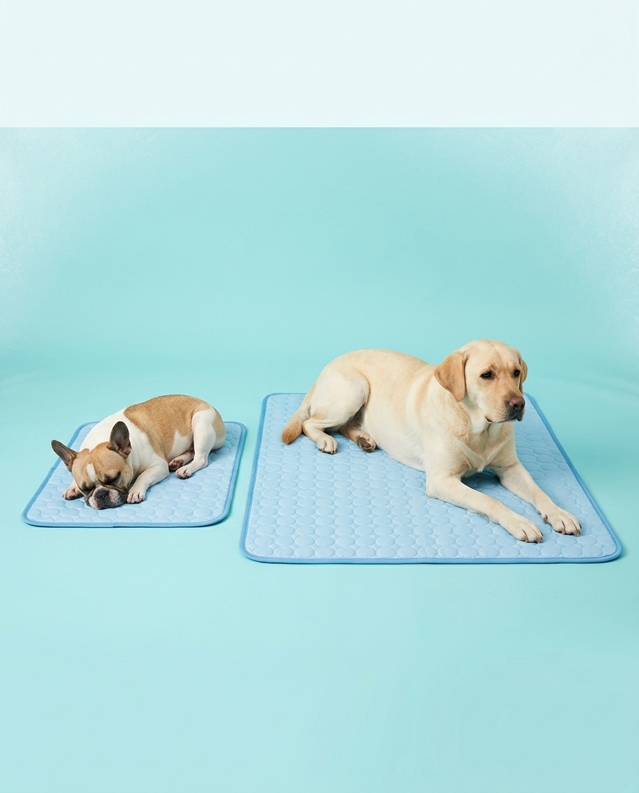 Größenvergleich: kleine und große Kühlmatte mit Französischer Bulldogge und Labrador