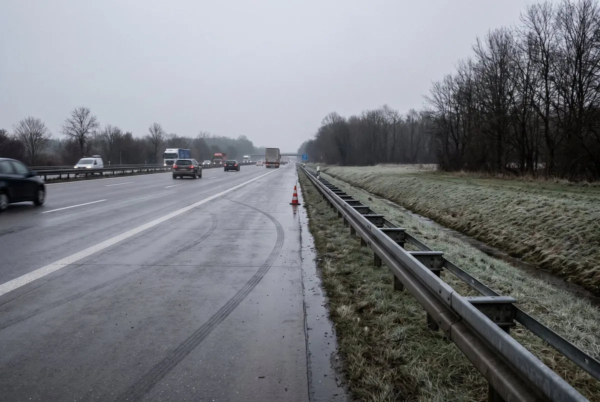 Unfallstelle an der A7: Bremsspuren fuehren zur Boeschung
