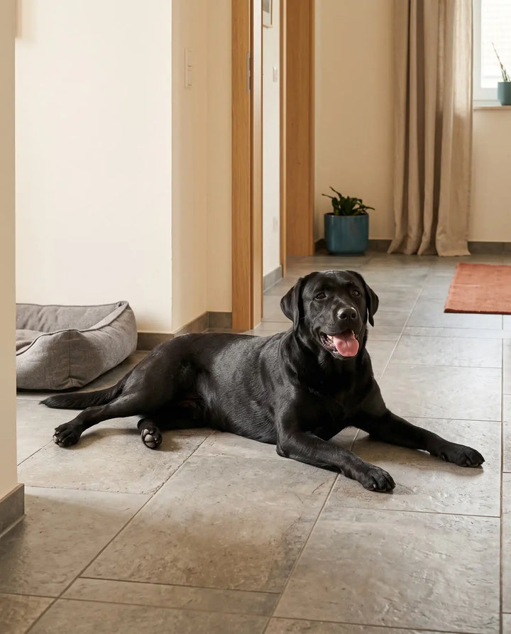 Vorher: Hund liegt bei Hitze auf den kühlen Fliesen statt im Körbchen